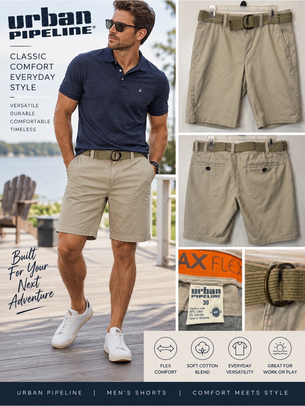 Urban Pipeline Men’s Khaki Chino Shorts Stretch Belted Size 30